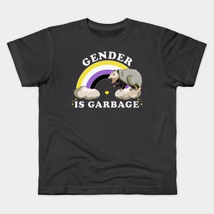 Gender Is Garbage Genderfluid Non-Binary LGBTQ Pride Opossum Kids T-Shirt